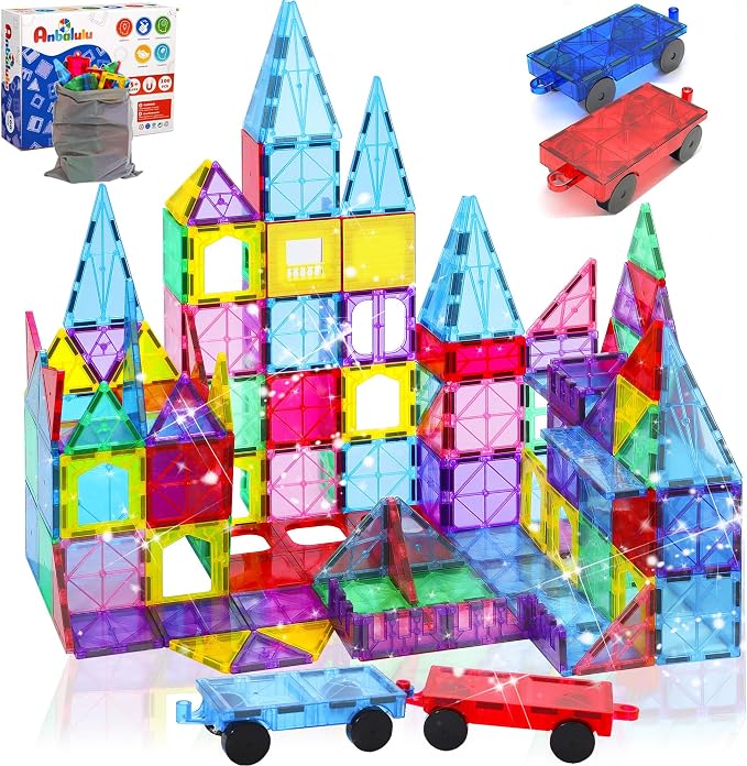 Antibacterial Magnetic Tiles 212PCS, STEM Toy for Kids Aged 3+ | 4 Cars, Bacteria resistant, Safer play, EPA-registered, Fits other brands, ABS plastic, Daycare, Montessori, Classroom gift