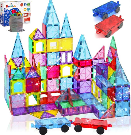 Antibacterial Magnetic Tiles 212PCS, STEM Toy for Kids Aged 3+ | 4 Cars, Bacteria resistant, Safer play, EPA-registered, Fits other brands, ABS plastic, Daycare, Montessori, Classroom gift