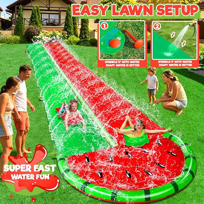 [ 3 Sided Safe Fence ] Watermelon Lawn Water Slides with 2 Bodyboards for Kids Adults, Heavy Duty Water Toys Sprinkler 2 Race Lane Outdoor Summer Beach Swimming Pool Water Game Party, 20 x 5.6 ft