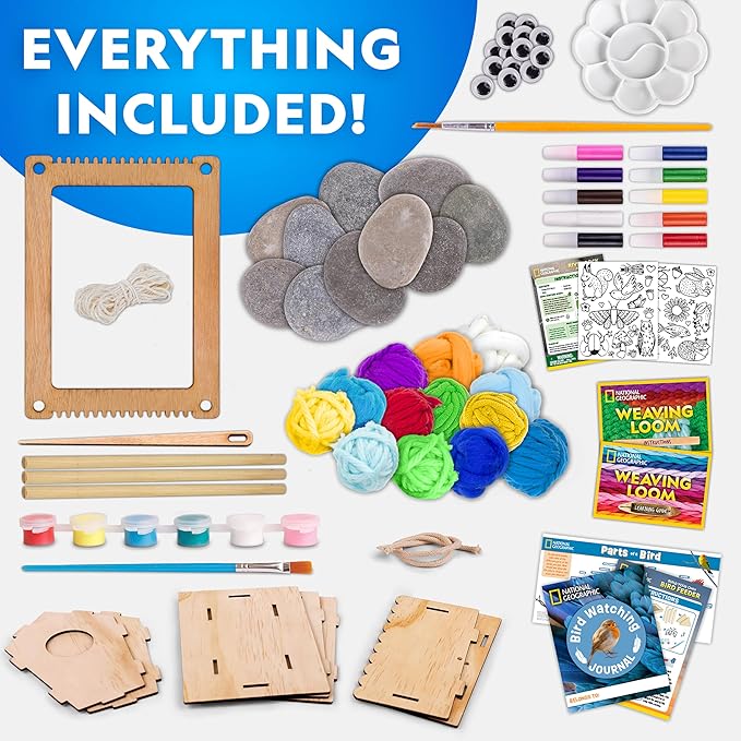 NATIONAL GEOGRAPHIC Mega Arts & Crafts Activity Kit for Kids Ages 8-12 – 3 Craft Kits to Build, Paint, Weave & Create, Rock Painting, Weaving Loom for Kids & Birdhouse Craft with 25 Bonus Activities