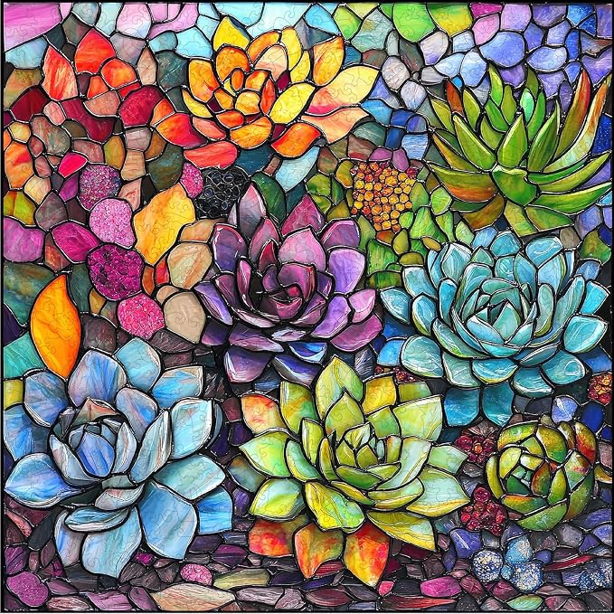 Delobi Stained Glass Puzzles for Adults 500 Pieces Succulent Wooden Puzzles, Unique Challenging Jigsaw Puzzles Gift for Friends Family Game Medium Size 15.9'' x15.9''
