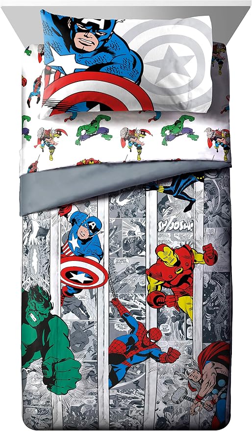 Jay Franco Marvel Avengers Comic Cool 7 Piece Full Bed Set - Includes Comforter & Sheet Set - Bedding Features Captain America, Spiderman, Iron Man, Hulk, & Thor - Super Soft