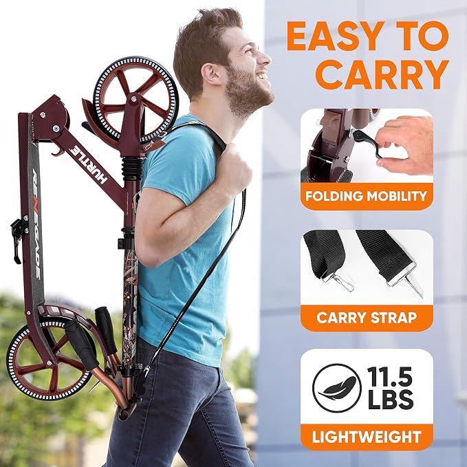 Hurtle Renegade Kick Scooter for Kids, Teenagers & Adults - 2-Wheel Folding Scooter with Adjustable T-Bar Handlebar - Alloy Anti-Slip Deck