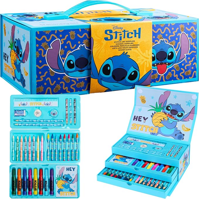 Disney Stitch Colored Pencils Art Supplies Kids School Supplies Set Stationery Girls Drawing Pencils Supplies Travel Case with Crayons Arts and Crafts for Kids 4-12 (Blue Stitch)