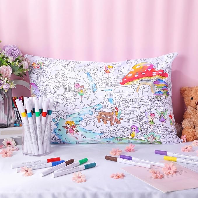 Mindsoft Coloring Pillowcase with 12 Pcs Markers Color Your Own Pillowcase Kit for Coloring Craft Decoration Supplies, 28.7 x 19.7 Inch (Mushroom Elf)