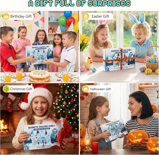 200 Pack Magnetic Blocks for Kids, STEM Construction Toys with Forest Theme | Creative Educational Games for Ages 3, 4, 5, 6, 7, 8, 9, 10 | Ideal Birthday for Boys & Girls (ICE, Count, 200)