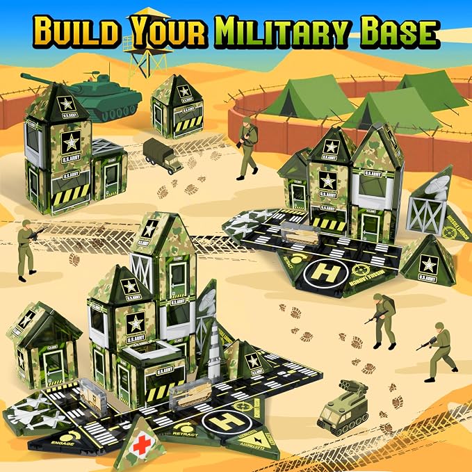 48pcs Mini Magnetic Tiles, Military Engineering Building Blocks Set in Iron Box, Portable STEM Army Travel Toys for Kids, Quiet On-the-Go Activities & Preschool Learning for Toddlers