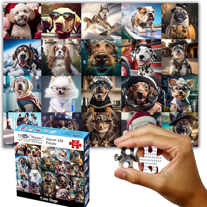 Think2Master Cute Dogs 250 Pieces Jigsaw Puzzle Featuring heartwarming Puppies and Dogs. Great Puzzle. Great Gift. Large Pieces. Size: 14.2” X 19.3”
