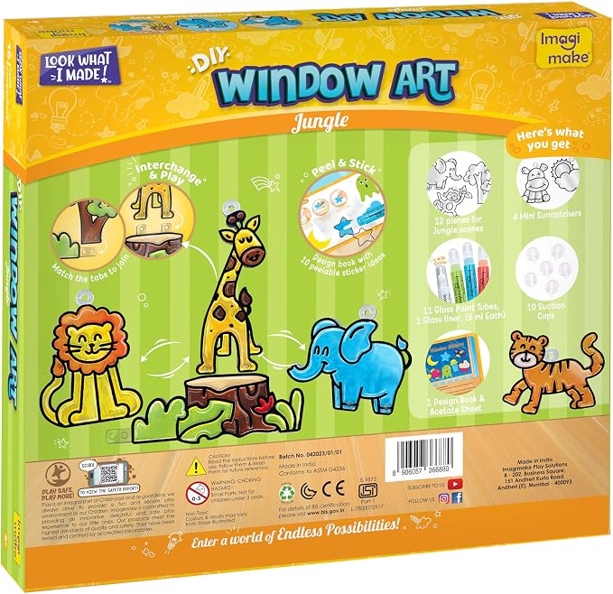 Imagimake Window Art Jungle | Low Mess Suncatcher Kit | 16 Pieces Glass Painting Set | Kids Activities Ages 5-8 | DIY Craft Kit | Birthday Gift for Boys & Girls Ages 5,6,7,8,9,10,12 Years Old