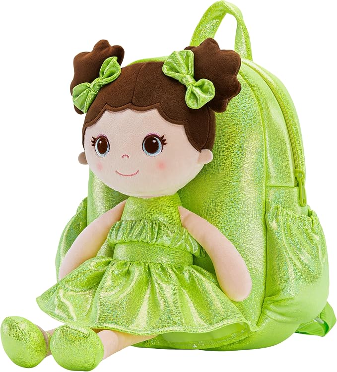 Lazada Toddler Backpack - Baby Girl Gifts Curly Fingerprints Plush Doll Dress Backpack - Fashion Girls Curly Rolled Fingerprints Series - Fluorescent Green 11 Inches