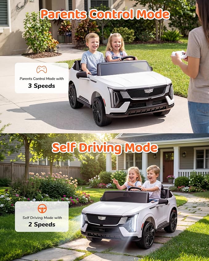 Firstness 2 Seater Ride on Car for Kids 24V Licensed Cadillac Escalade IQ Powered Wheels with Remote Control 400W Electric Ride on Toy with 3 Speed Light Music 7AH Battery Car for Kids Ages 3-8, White