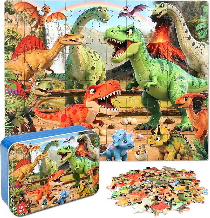 MZZOTOY Cartoon Dinosaur Puzzle for Kids Ages 4-8, 60 Pieces Jigsaw Puzzles for Kids Ages 3-5， Learning Educational Puzzles Toys Great Gift for Boys Girls in a Metal Box