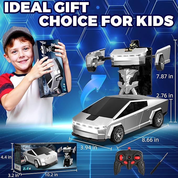 Transform RC Cyber Pickup Truck Cars Robot Toy for Kids, 2.4GHz Remote Control Car with One-Button Deformation 360° Rotation LED Lights Birthday Gifts for Boys Age 4-7-8-12（1:18 Scale）