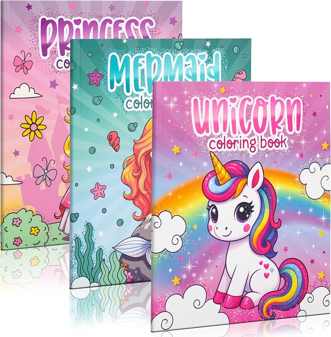 Fun Coloring Books for Kids Set of 3 - Cute Princess, Unicorn & Mermaid Coloring Book for Girls Ages 4-8 - Easy to Color Toddler Gift for Travel w Magical Themes for Your Creative Little Princess 1-3