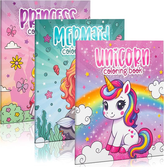 Fun Coloring Books for Kids Set of 3 - Cute Princess, Unicorn & Mermaid Coloring Book for Girls Ages 4-8 - Easy to Color Toddler Gift for Travel w Magical Themes for Your Creative Little Princess 1-3