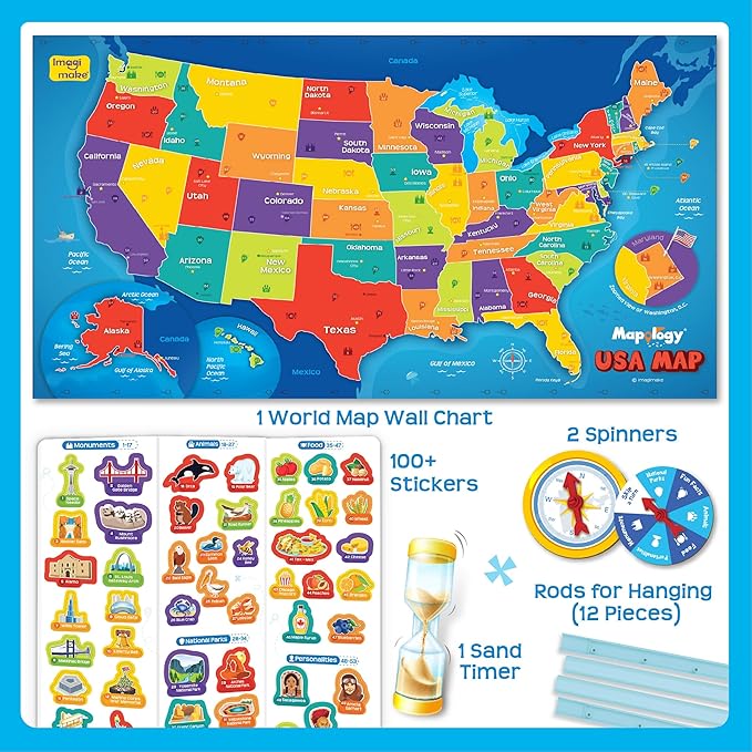 Imagimake Mapology USA Map with Reusable Stickers | 100+ Jelly Stickers | Classroom Geography Games & Learning Kids Toys Age 5-8 | Gifts for Boys & Girls Age 5,6,7,8,9,10,11,12 Years Old