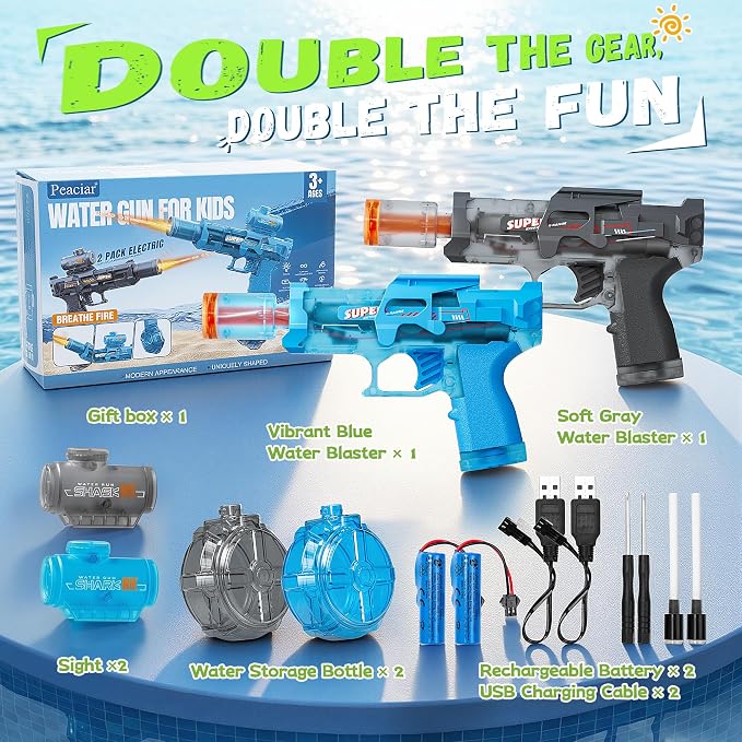 Electric Water Gun for Kids Adults, 2 Pack Automatic Squirt Gun with LED Flame Effect & Realistic Slide Action, Lightweight Rechargeable Water Blaster for Outdoor Summer Pool Beach Night Toys
