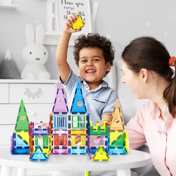 PicassoTiles 240pc Magnetic Tiles Building Set with Storage Bag Themed Stickers and Car Base Magnet Tile STEM Sensory Fun Creative Learning Classroom Must Have Educational Toy Boy Girl Age 3+ PT240