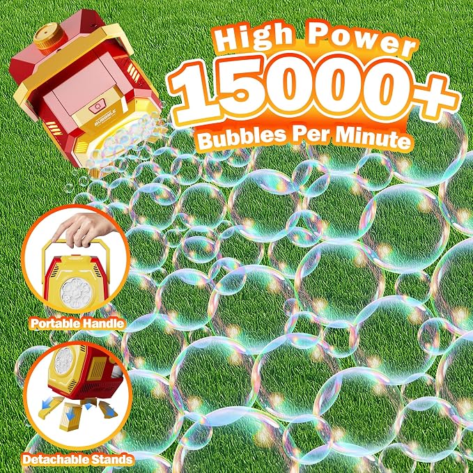 Belemar Bubble Machine for Kids with Lights, 6 Big Bubble Holes, Up to 15,000 Bubbles/Min, 320ml Large Tank, Battery Operated Portable Bubble Blower for Toddlers, Birthday Parties & Outdoor Fun