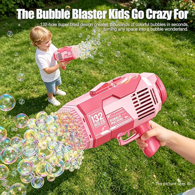 Upgraded 132 Holes Bubble Machine Gun,Bazooka Bubble Machine,Rocket Bubble Gun Bubble Machine,Summer Toys Bubble Blaster Maker for Kids, Wedding, Birthday Gift (Pink)