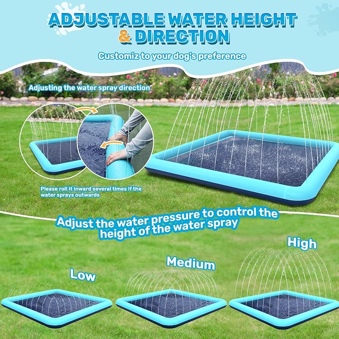 107'' Splash Pad for Dogs, Non-Slip Sprinkler for Kids, Square Splash Pad for Kids Ages 4-8, Splash Pads for Toddlers 1-3, Dog Sprinkler Shallow Pool, Outdoor Water Toys for Backyard, Teal