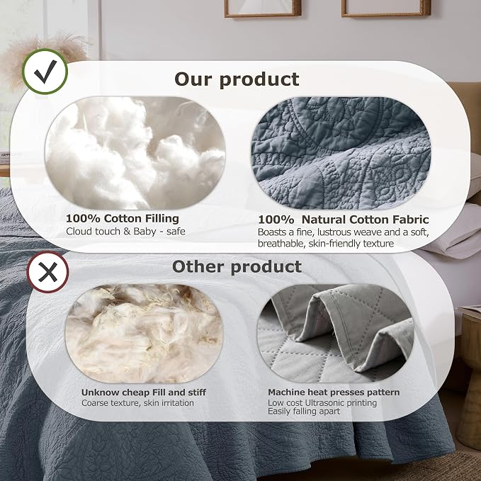 PALASSIO Dusty Blue Paisley 100% Cotton Quilt Queen Size Bedding Set with 2 Pillow Shams, Boho Floral Lightweight Farmhouse Country Vintage Soft Bedspread Shabby Chic Coverlet for All Season, 3 Pieces