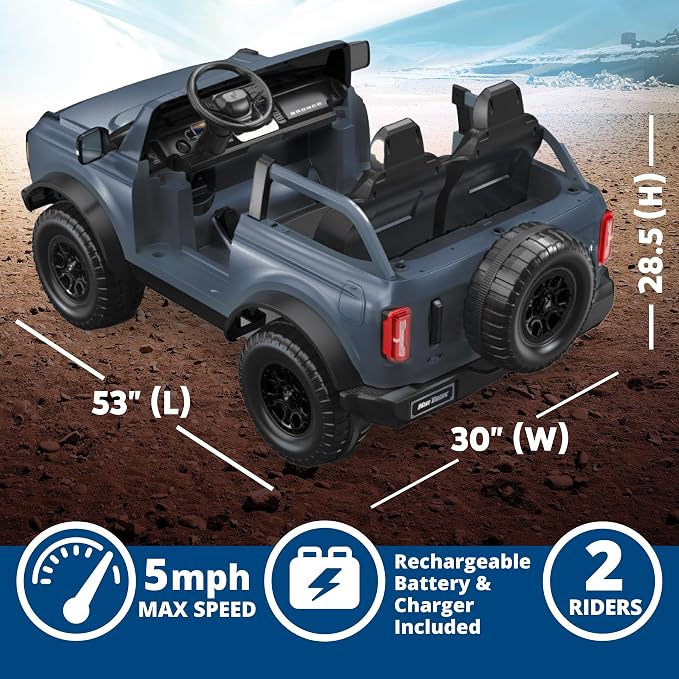 Kid Trax 12V Ford Bronco Ride-On Toy for Ages 3-7, Battery Powered, LED Headlights, FM Radio, MP3, Horn, 2-Seater, Max Weight 130 lb, 2 Speeds, Electric Car for Kids, Kids Ride on Toys, No Remote