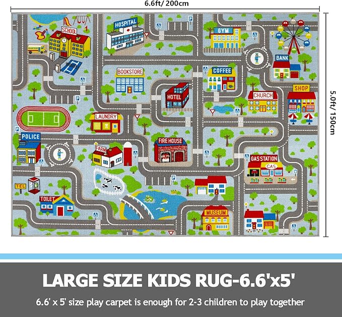 Capslpad Sky Blue Car Road Kid Rug Carpet Playmat for Playoom Traffic Road Kids Play Mat for Toddler Non Slip Washable City Map Race Track Carpet Rug for Kids Room Bedroom Nursery Room Decor,6.6'x5'