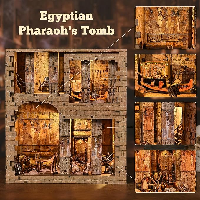 fifijoy Book Nook Kit - DIY Miniature House Dollhouse Kit for Adults and Teens, 3D Wooden Puzzle Booknook Build Bookshelf Decor with LED Light, Gifts for Family and Friends (Egyptian Pharaoh's Tomb)