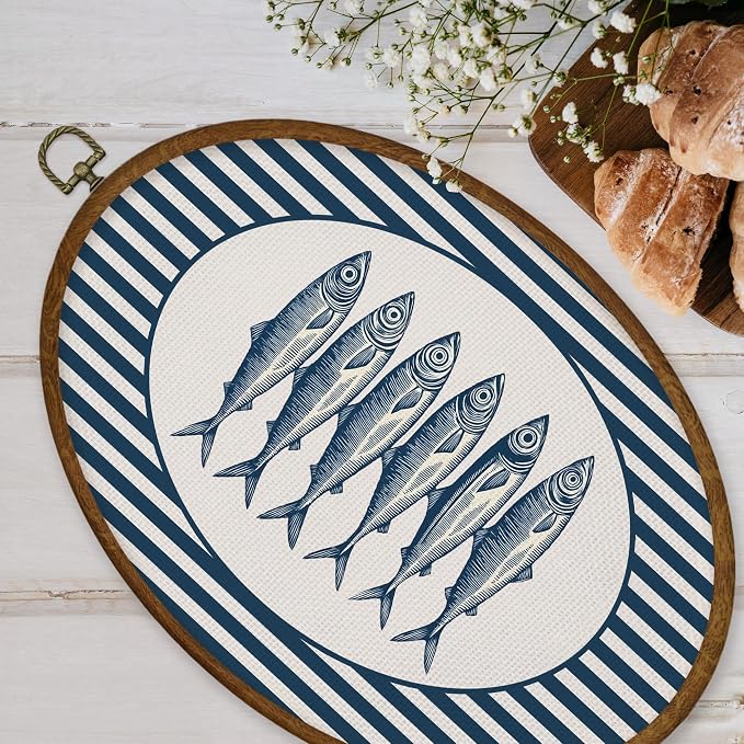 WULQYING Coastal Beach Sardine Fish Wall Art Decor, Ocean Beach Nursery Oval Framed Canvas Art Prints, Blue Nautical Fish Wall Hanging Decor for Home Bedroom Kitchen Kids Nursery Room, 8.6x11.4 Inches
