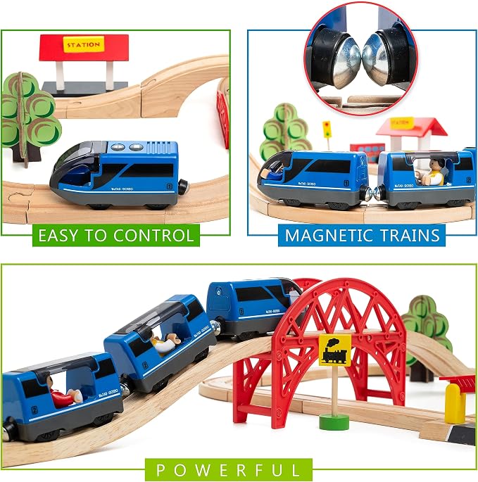KipiPol Battery Operated Action Locomotive Toy Train Set for Wooden Tracks, (Magnetic)-Compatible with Thomas The Train Toys, Brio Tram Set for Toddlers 3-5 and up, Stocking Stuffers for Kids