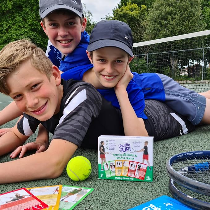 Shuffle Up Tennis Card Games - 70+ Fun & Active Skills Cards for Kids, Fitness Card Develop Fundamentals, Stamina & Strength, Easy to Play for Kids | Multiple Skill Level Cards Include 2 Dices