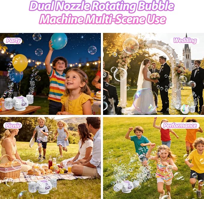 New RC Bubble Machine with RGB Lights, 360° Auto Rotation Bubbles Toy, Rechargeable Battery, Bubble Blower Maker for Kids, Parties, Birthday Gift, Weddings, Indoor Outdoor Activity, Silver-Purple
