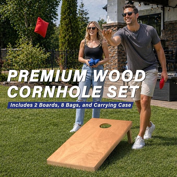 GoSports 4 ft x 2 ft Regulation Size Wooden Cornhole Boards Set with Light Brown Finish - Includes Carrying Case (Choose Your Colors)