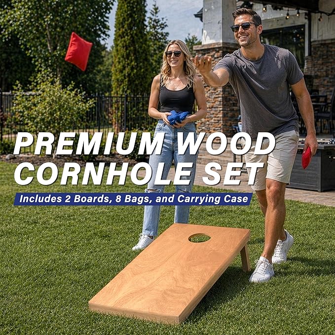 GoSports 4 ft x 2 ft Regulation Size Wooden Cornhole Boards Set with Light Brown Finish - Includes Carrying Case (Choose Your Colors)