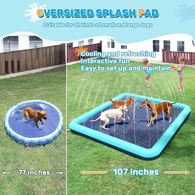 76" x 76" Square Splash Pad for Kids & Dogs, Non-Slip Sprinkler Pool, Shallow Water Play Mat for Toddlers, Outdoor Backyard Water Toys, Teal