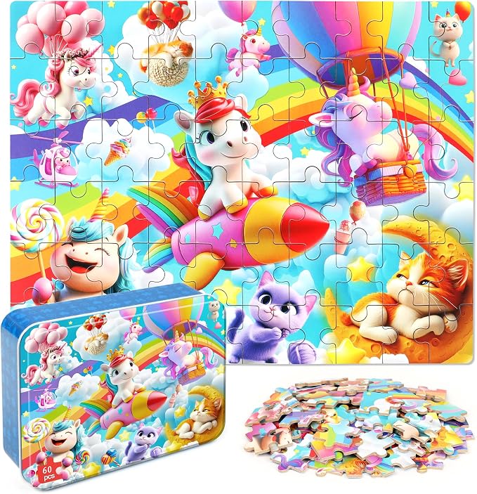 MZZOTOY Rainbow Horse Unicorn Puzzles for Kids Ages 4-8, 60 Pieces Jigsaw Puzzles for Kids Ages 3-5 Puzzle for Girls and Boys Learning Educational Puzzles Toys in a Metal Box