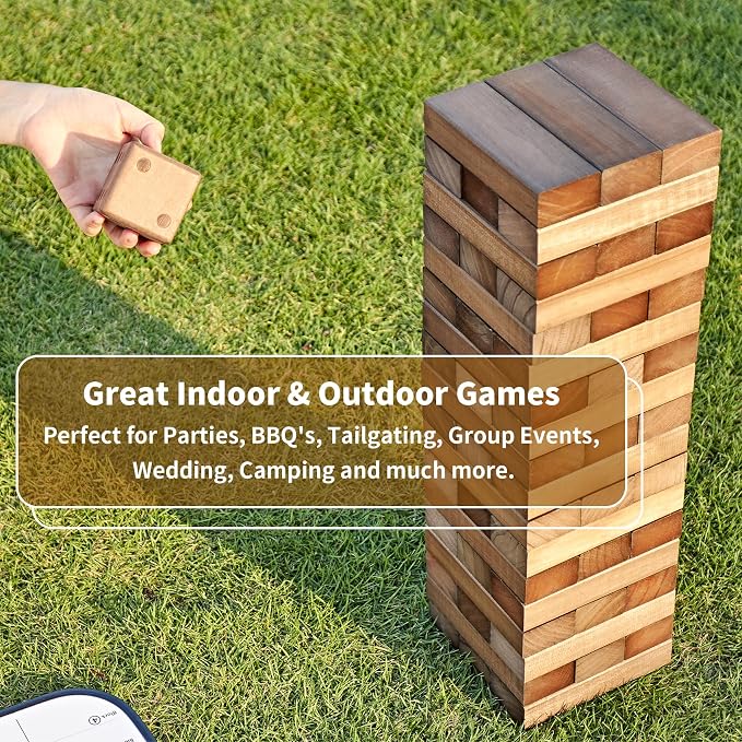 ApudArmis 54 PCS Tumble Timber Set Up to 3.2FT, Pine Wooden Tumble Tower Game with Dice and Scoreboard Set - Classic Block Stacking Board Game for Adults Teenagers (Brown)
