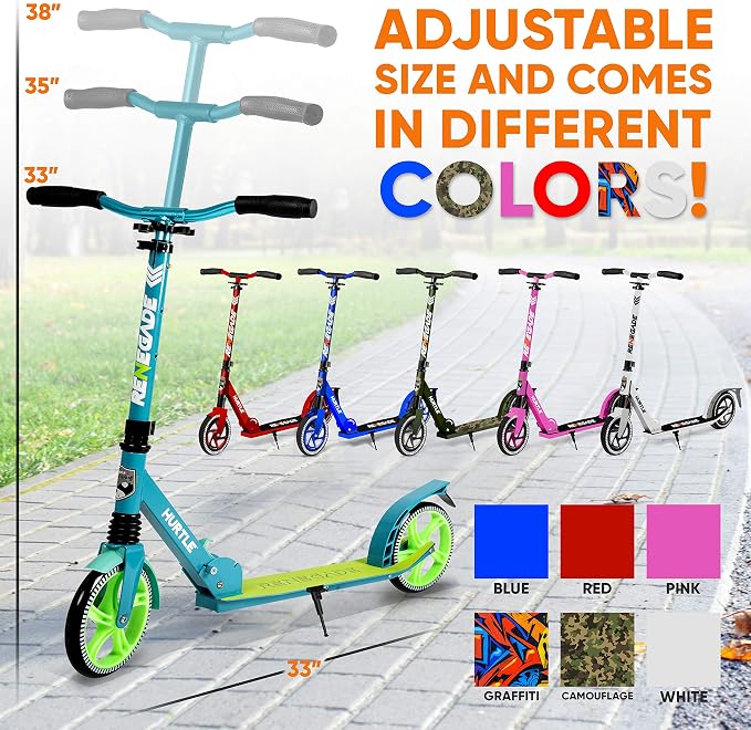 Hurtle Renegade Kick Scooter for Kids, Teenagers & Adults - 2-Wheel Folding Scooter with Adjustable T-Bar Handlebar - Alloy Anti-Slip Deck
