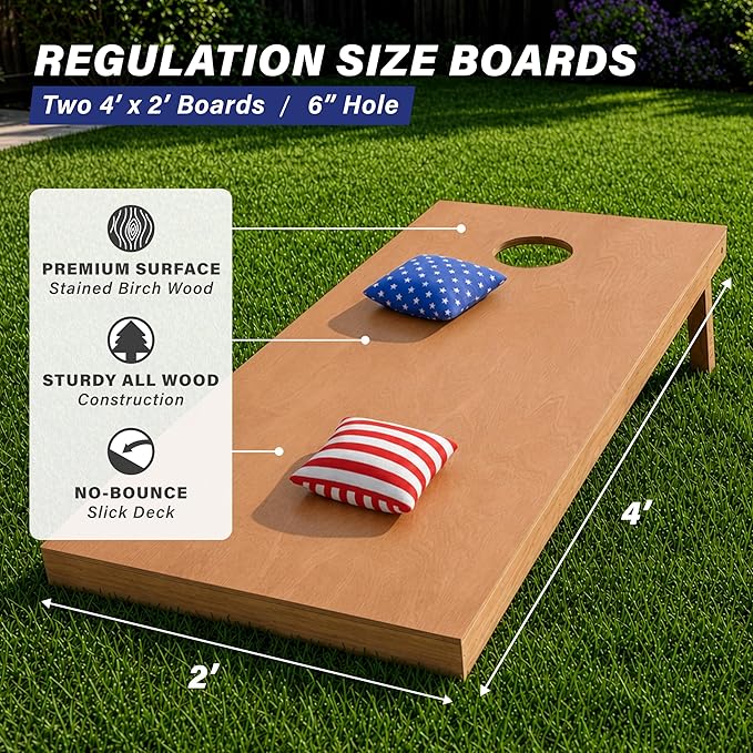 GoSports 4 ft x 2 ft Regulation Size Wooden Cornhole Boards Set with Light Brown Finish - Includes Carrying Case (Choose Your Colors)