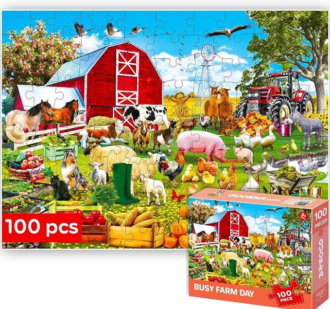 QUOKKA 100 Piece Puzzles for Kids Ages 4-6 – Floor Kids Puzzles Ages 6-8 Year Old – Toy for Learning Farm Animals for 8-10 yo – Jigsaw Toddler Game for Boy and Girl Ages 3-5