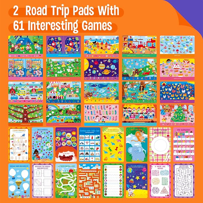 2 Travel Game Pads, 61 Dry Erase Activities Games Reusable & Erasable Book, Fun Explore & Find Brain Challenge Games Interesting Educational Toy and Learning Tool for Road Trip Airplane Travel