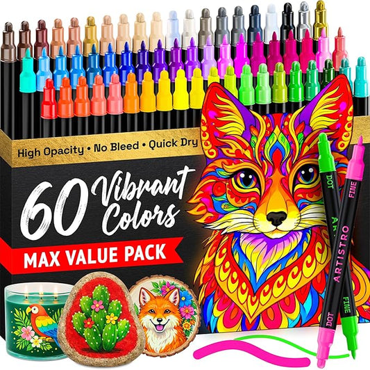 ARTISTRO 60 Precision Dual-Tip Acrylic Paint Markers – Paint Pens Set with Dot & Fine Tips for Fabric, Rock, Glass, Wood, Coloring Books – Arts & Crafts Gift – Classroom Must Haves & School Supplies