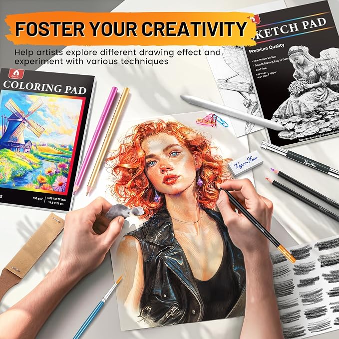 106 PCS Art Supplies Sketching Kit, Pro Drawing Pencils with 3-Color Sketchbook, Coloring Book, Colored Graphite Charcoal Watercolor & Metallic Pencils, Drawing Supplies Gifts for Artists Adults