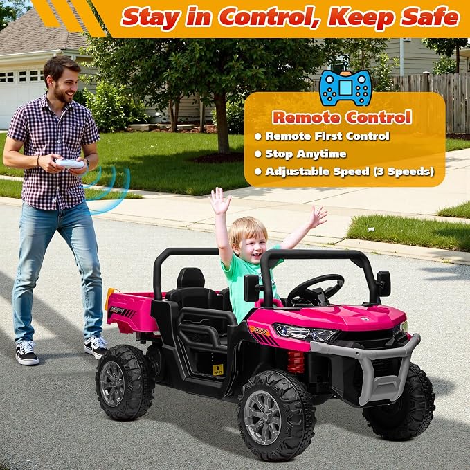 Joyracer 4WD 24 Volt Ride on Toys, 800W Ride on Truck for Kids, 2 Seater Power Car Wheels w/Dump Bed & Shovel, Ride on UTV w/Remote Control, Bluetooth, LED Lights, Pink