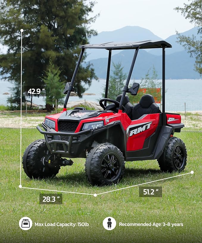 ELEMARA 24V Ride on Toy for Big Kids,Ride on Car 2 Seater w/Sun Shade,Dump Bed & Shovel,4.5MPH,4WD Electric Car for Kids,Battery Car w/Remote,Kids Ride on Truck,3 Speeds,LED Lights,Bluetooth, Red
