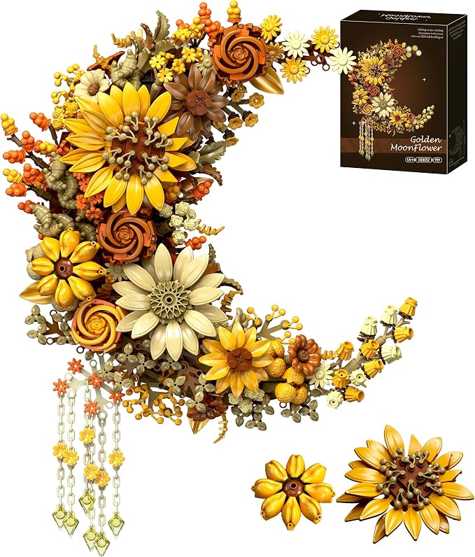 Gloden Moon Flower Building Set, Botanical Collection Artificial Flowers Building Blocks Kit Compatible with Lego for Adults Home Décor Wall Art Decoration