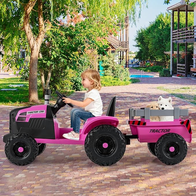 Costzon 24V Ride on Tractor with Detachable Trailer, Kids' Electric Vehicles with 3 Speeds, 15° Climbing, Wireless Design, Horn & Music, Remote Control Tractor Toy for Kids 3+,Gift (24V, Dark Pink)