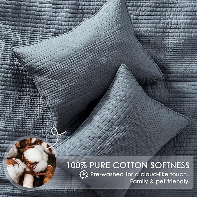 PALASSIO Striped Blue Grey 100% Cotton Quilt California Cal King Size Bedding Sets, Oversized Lightweight Channel Pick Stitch Textured Bedspread Soft Farmhouse Country Coverlet for All Season, 2 Shams