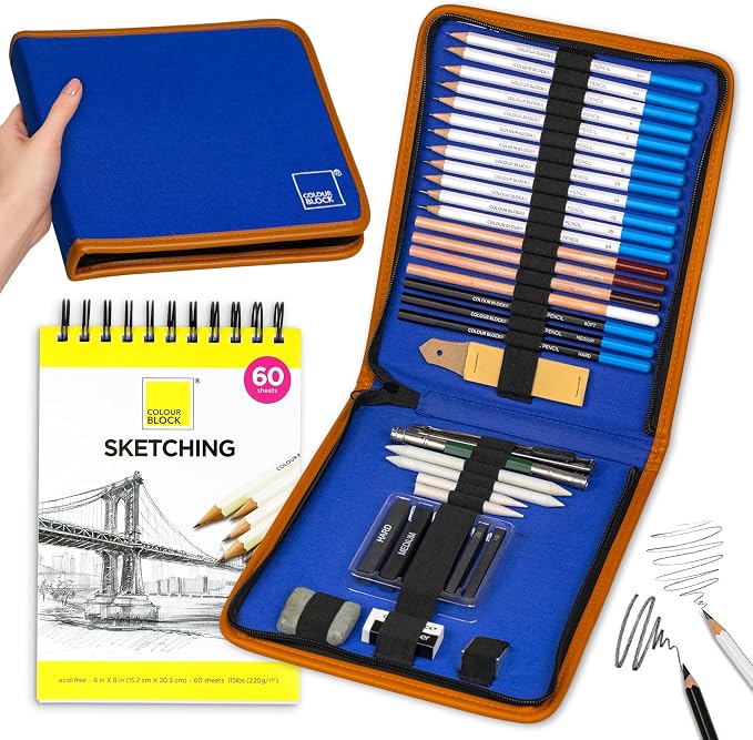 COLOUR BLOCK Drawing Travel Art Set 37 PCS, Pencils & Kits-Art Supplies for Kids, Teens, Adults-Colored Pencils, Charcoal, Pastels, Sketch Books for Artists, Anime Drawing, Architecture